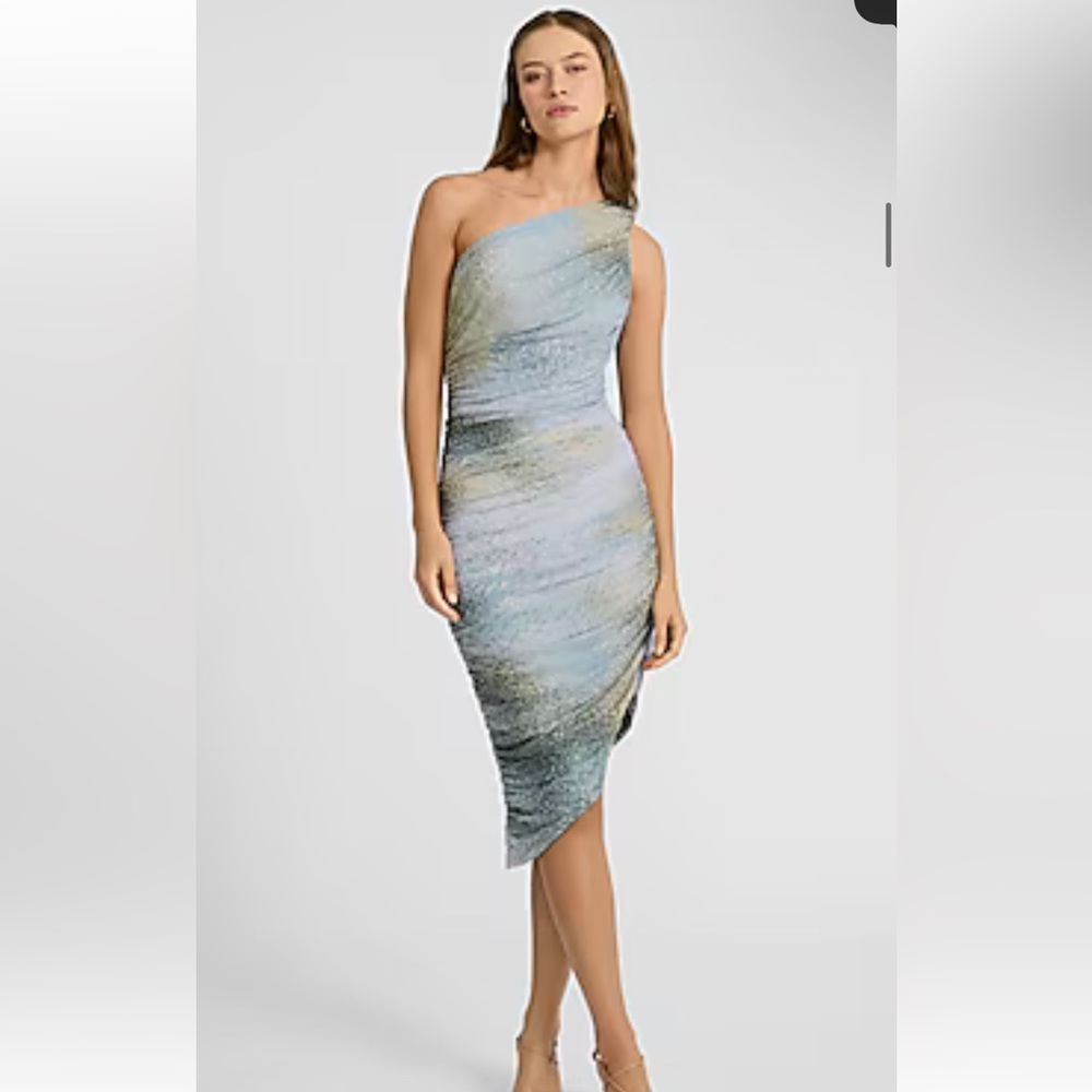 Express One-Shoulder Dress in Blue and Gray Tones